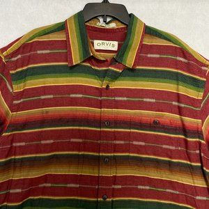 Orvis Button Down Shirt Men’s Size XL Short Sleeve Shirt Striped Cotton Orange